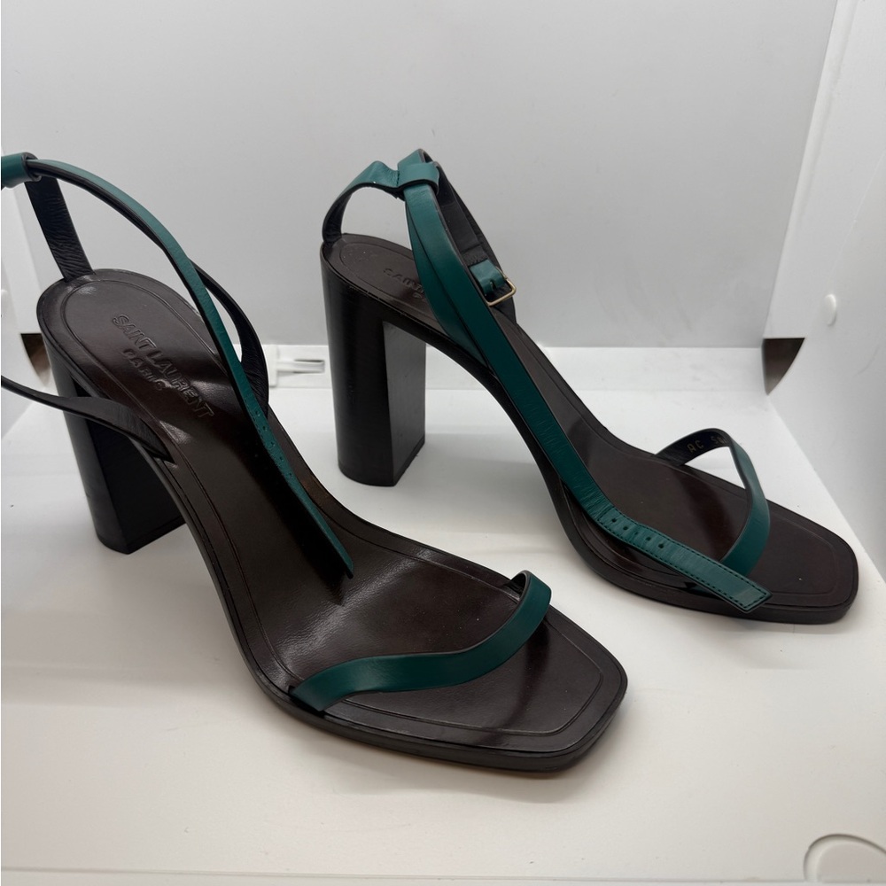Saint Laurent Teal and Brown Heeled Sandals - Picture 4 of 8